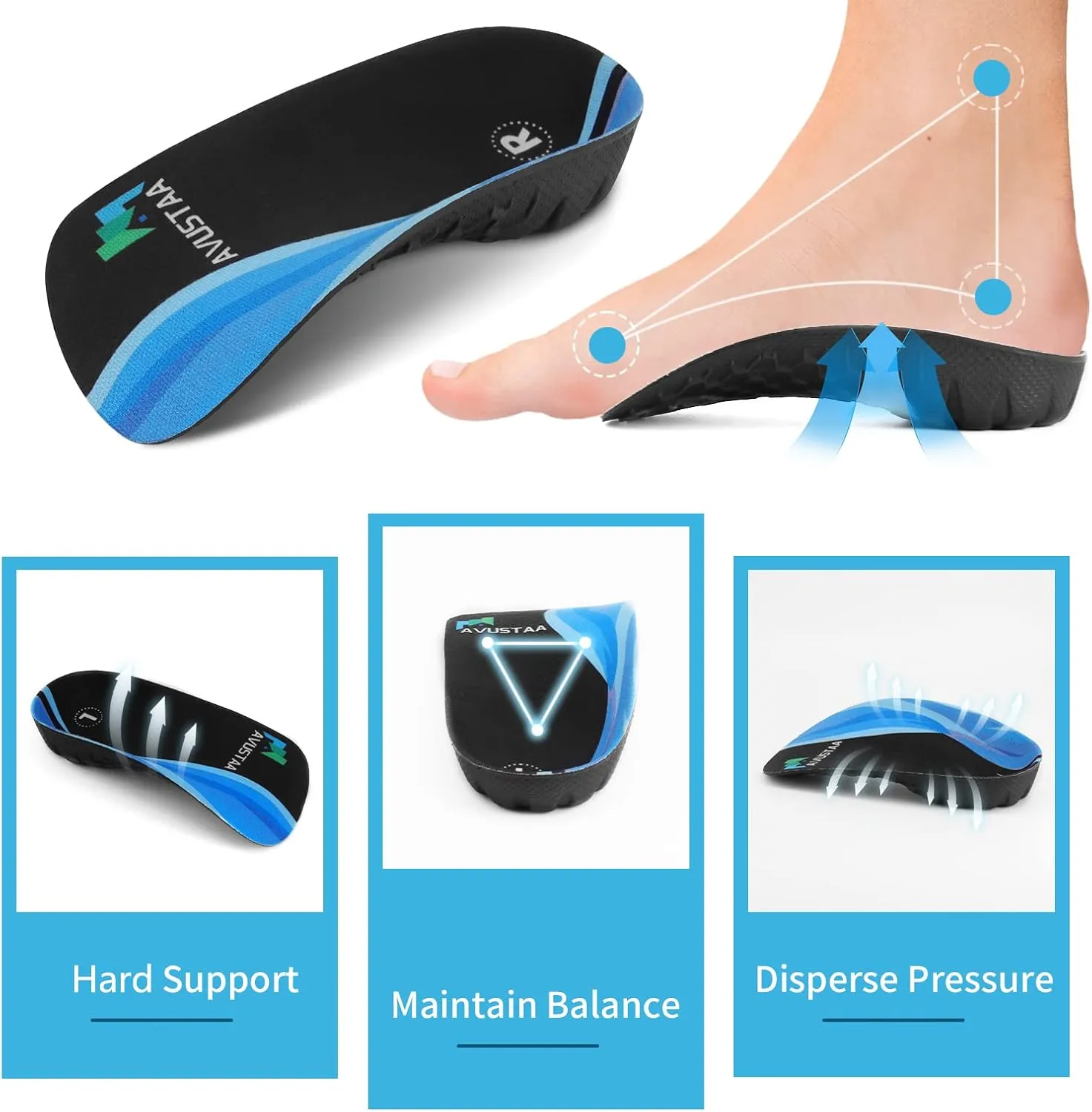 High Arch Support Insoles 3/4 Orthotic Inserts for Flat Feet Plantar Fasciitis Relief Overpronation, Shoes Insoles for Men Women Running, Black and Blue(L:Men 9-11, Women 10-12)