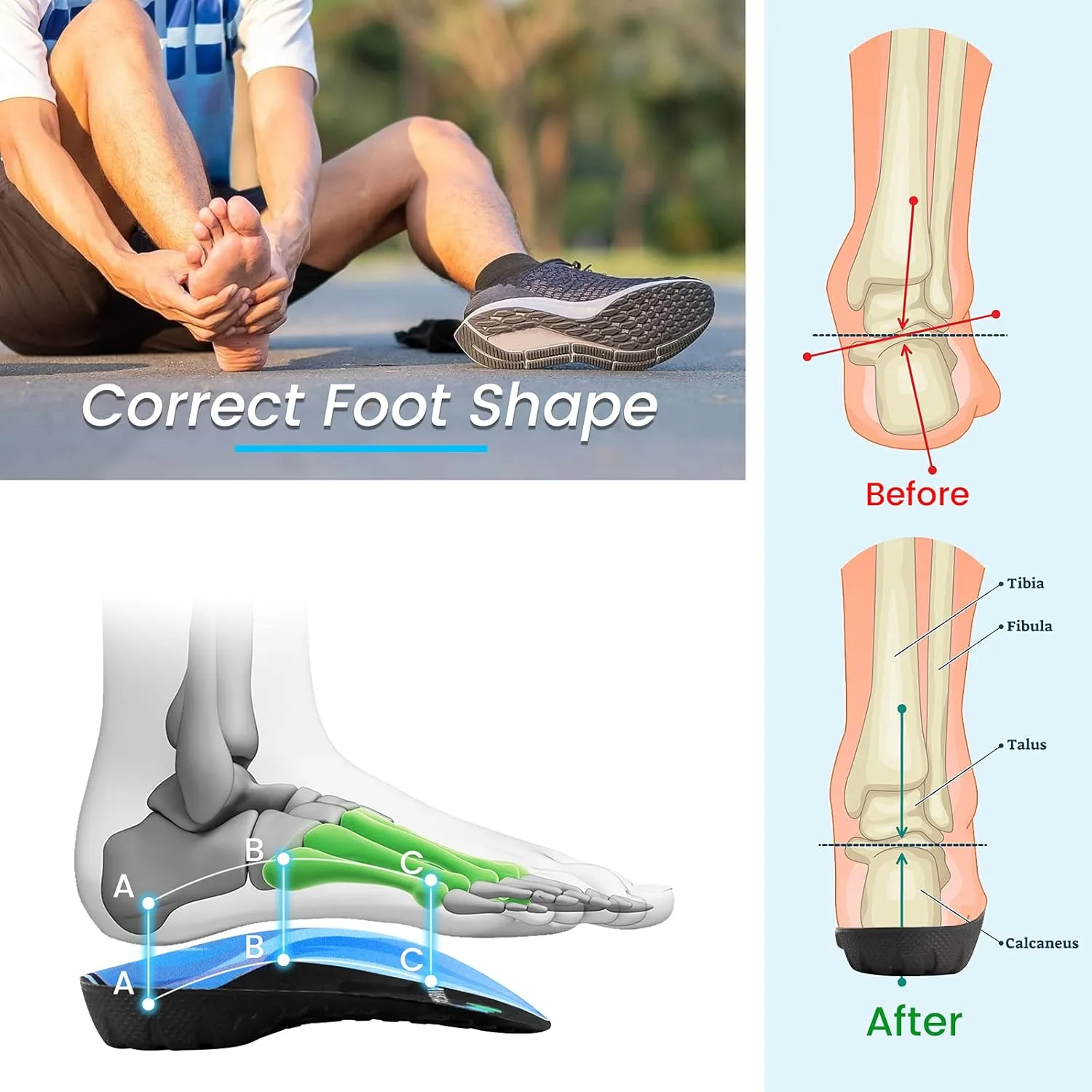 High Arch Support Insoles 3/4 Orthotic Inserts for Flat Feet Plantar Fasciitis Relief Overpronation, Shoes Insoles for Men Women Running, Black and Blue(L:Men 9-11, Women 10-12)