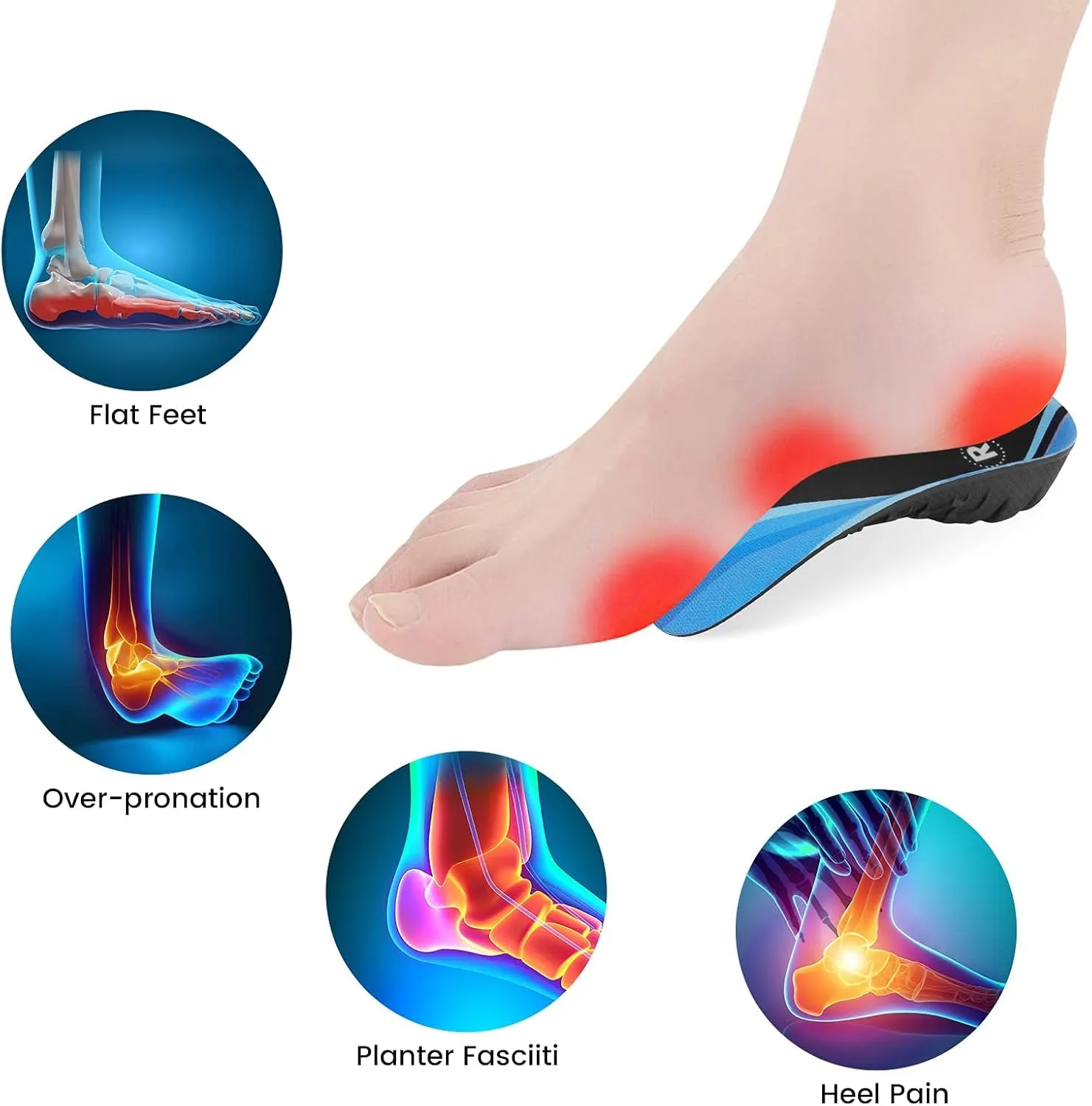 High Arch Support Insoles 3/4 Orthotic Inserts for Flat Feet Plantar Fasciitis Relief Overpronation, Shoes Insoles for Men Women Running, Black and Blue(L:Men 9-11, Women 10-12)