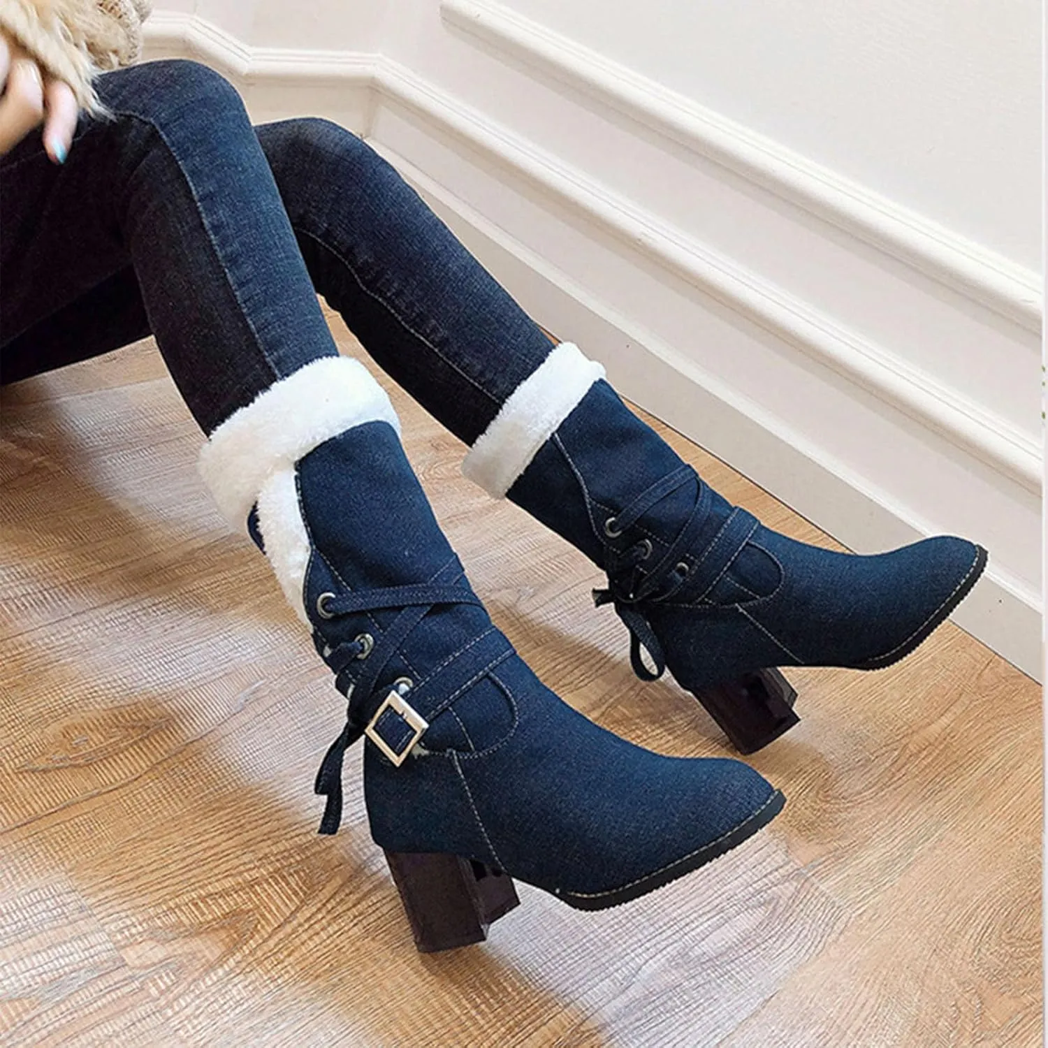 High Heeled Denim Short Boots, Chunky Heel Slip On Lace Up Snow Boots Fleece Lined Raw Edge Warm Windproof Straight Boots Fabric Buckle Mid Calf Boots