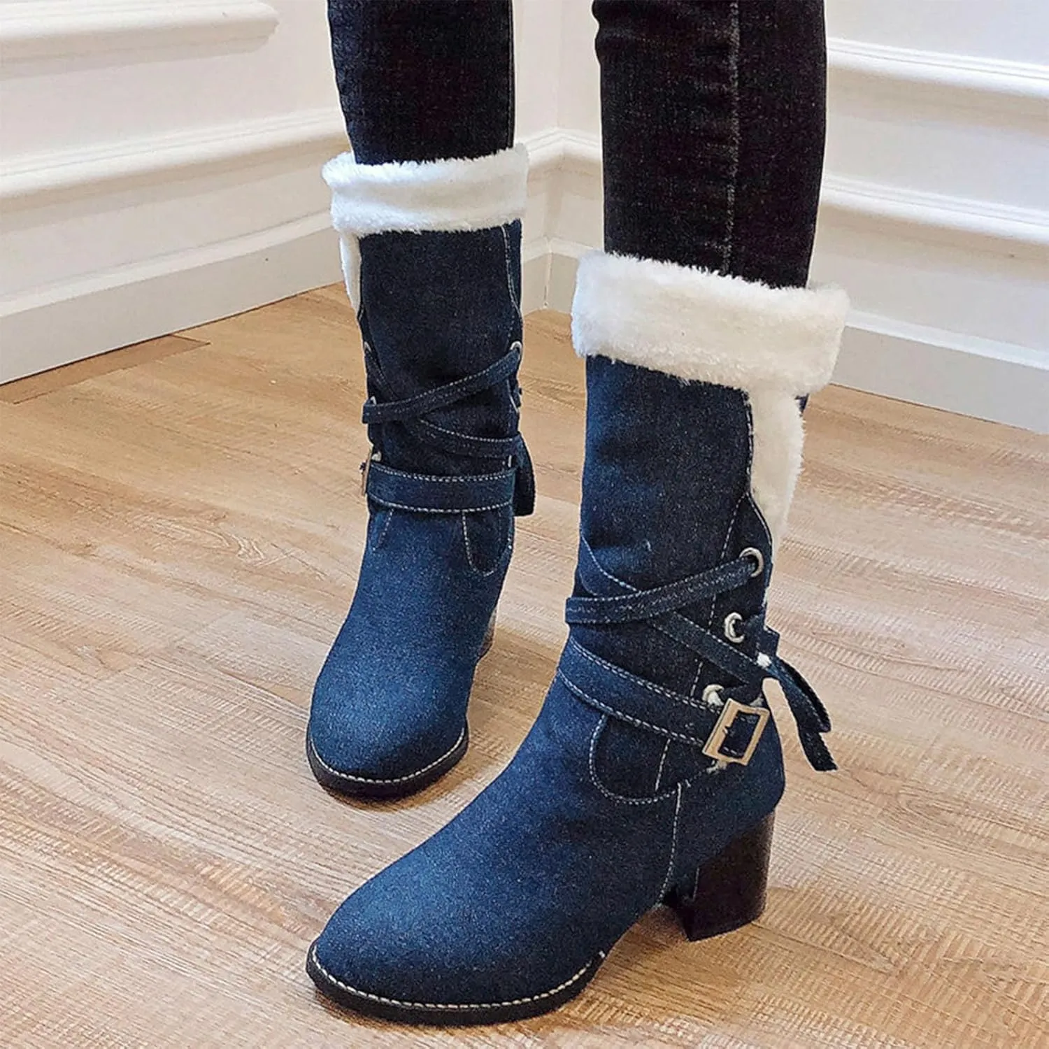 High Heeled Denim Short Boots, Chunky Heel Slip On Lace Up Snow Boots Fleece Lined Raw Edge Warm Windproof Straight Boots Fabric Buckle Mid Calf Boots