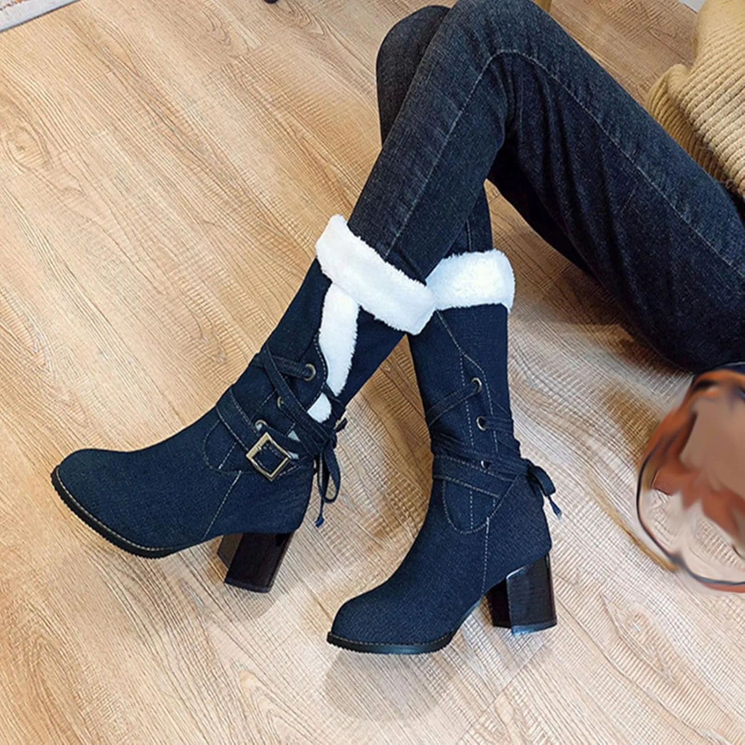 High Heeled Denim Short Boots, Chunky Heel Slip On Lace Up Snow Boots Fleece Lined Raw Edge Warm Windproof Straight Boots Fabric Buckle Mid Calf Boots