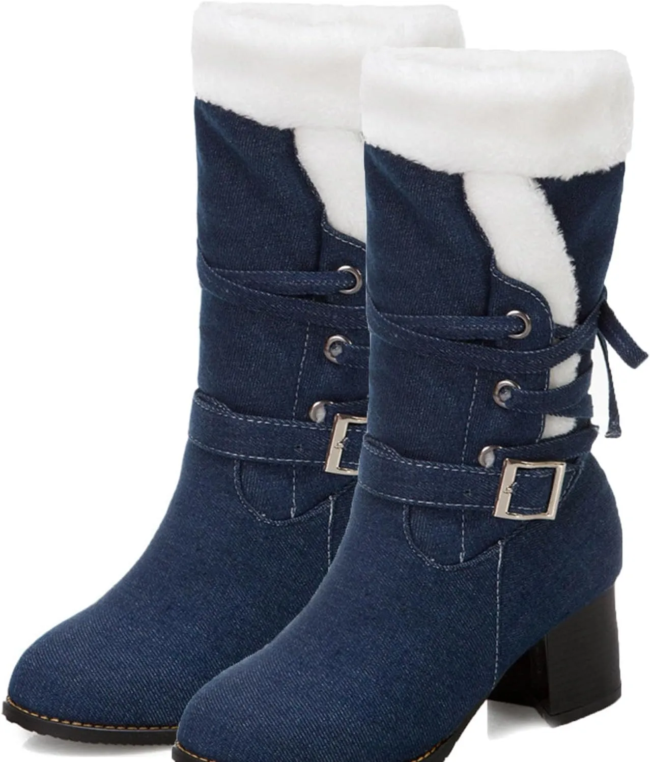 High Heeled Denim Short Boots, Chunky Heel Slip On Lace Up Snow Boots Fleece Lined Raw Edge Warm Windproof Straight Boots Fabric Buckle Mid Calf Boots