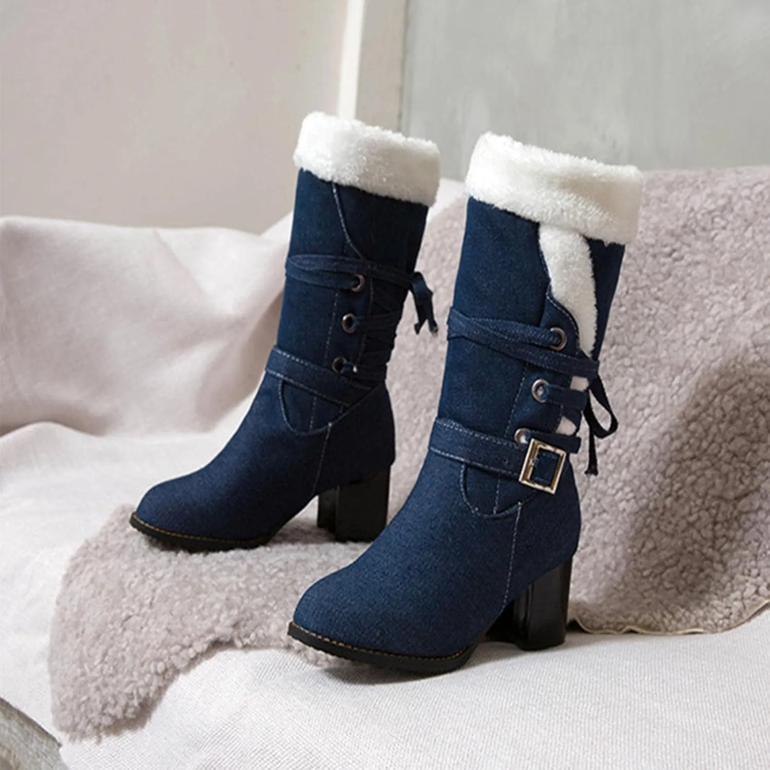 High Heeled Denim Short Boots, Chunky Heel Slip On Lace Up Snow Boots Fleece Lined Raw Edge Warm Windproof Straight Boots Fabric Buckle Mid Calf Boots
