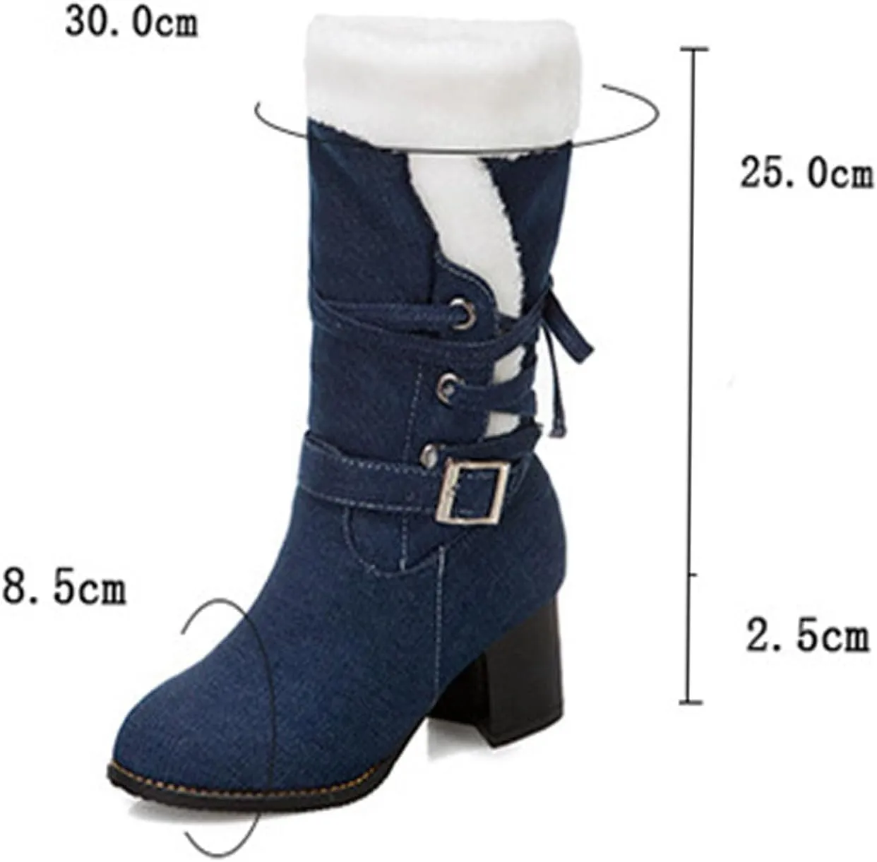 High Heeled Denim Short Boots, Chunky Heel Slip On Lace Up Snow Boots Fleece Lined Raw Edge Warm Windproof Straight Boots Fabric Buckle Mid Calf Boots