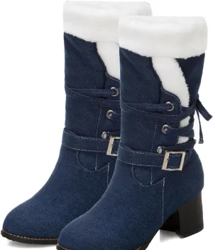 High Heeled Denim Short Boots, Chunky Heel Slip On Lace Up Snow Boots Fleece Lined Raw Edge Warm Windproof Straight Boots Fabric Buckle Mid Calf Boots