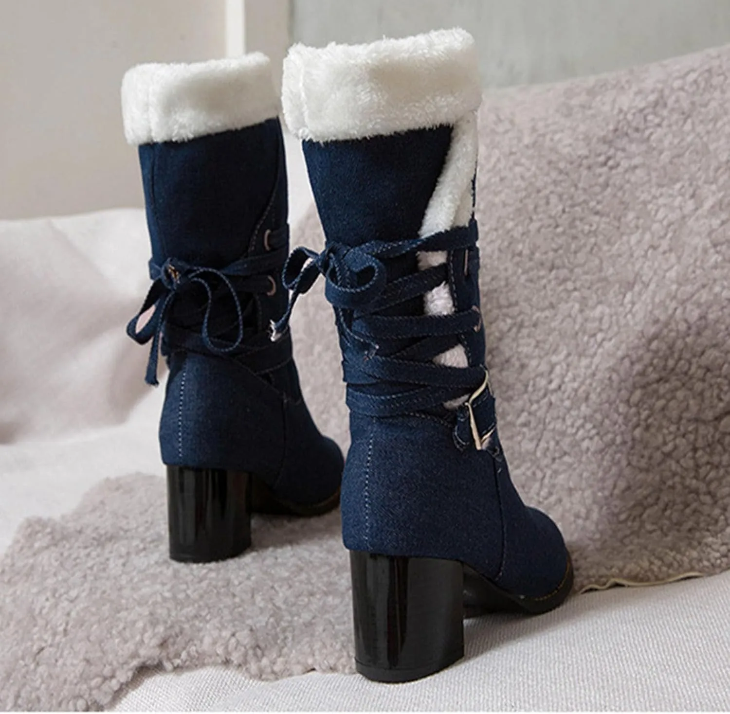 High Heeled Denim Short Boots, Chunky Heel Slip On Lace Up Snow Boots Fleece Lined Raw Edge Warm Windproof Straight Boots Fabric Buckle Mid Calf Boots