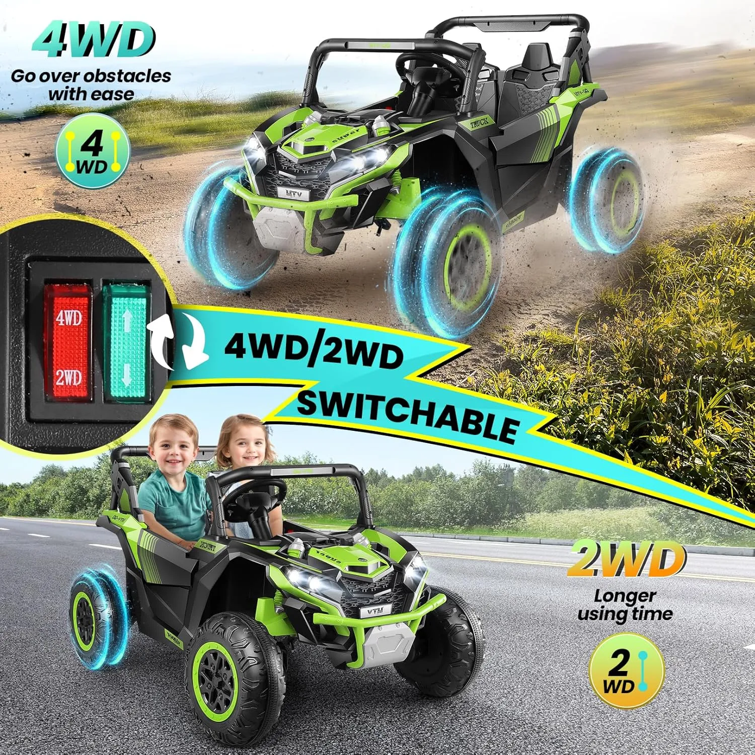 Hikole 24V Ride on Toy Car for Big Kids 4-8, XL Kids UTV 2 Seater with Remote Control, 20" Spacious Seat, 4WD/2WD, MP3 & USB, 3 Speed, Storage, Electric Powerful Cars for Boys Girls, Green