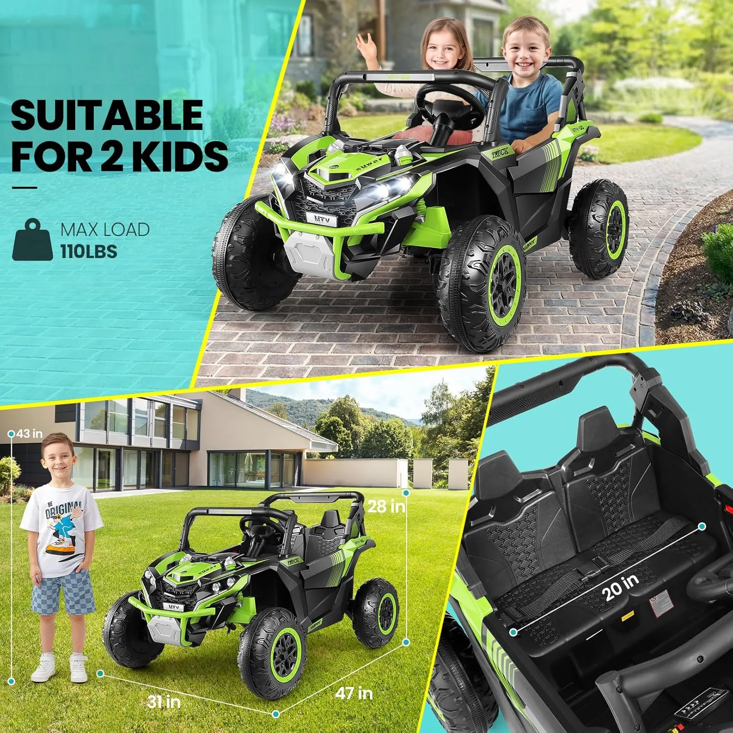 Hikole 24V Ride on Toy Car for Big Kids 4-8, XL Kids UTV 2 Seater with Remote Control, 20" Spacious Seat, 4WD/2WD, MP3 & USB, 3 Speed, Storage, Electric Powerful Cars for Boys Girls, Green