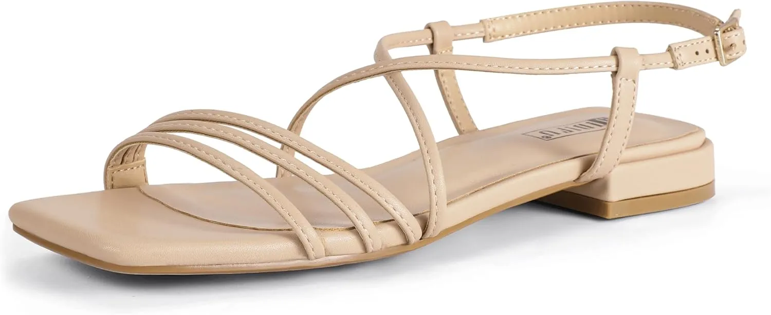IDIFU Strappy Flat Sandals for Women Dressy Comfortable Square Open Toe Summer Beach Sandal Wedding Bridal Bride Prom Ladies Dress Sandal Fashion Cute Fancy Casual Ankle Strap Sandals