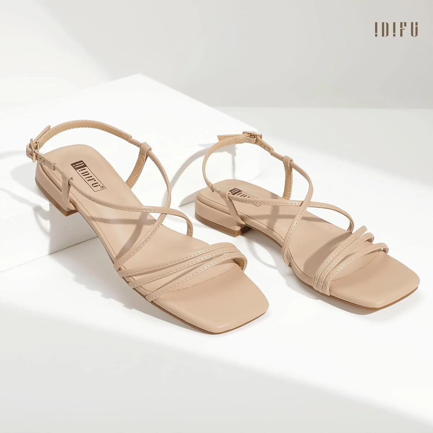 IDIFU Strappy Flat Sandals for Women Dressy Comfortable Square Open Toe Summer Beach Sandal Wedding Bridal Bride Prom Ladies Dress Sandal Fashion Cute Fancy Casual Ankle Strap Sandals
