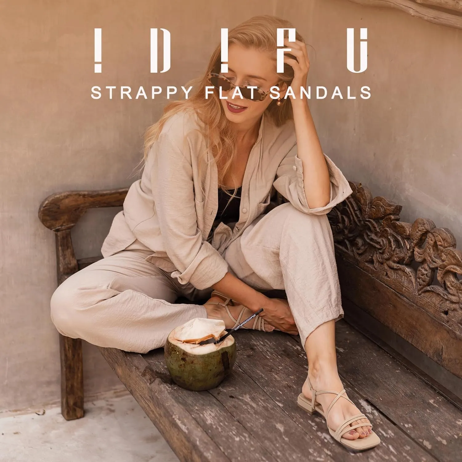 IDIFU Strappy Flat Sandals for Women Dressy Comfortable Square Open Toe Summer Beach Sandal Wedding Bridal Bride Prom Ladies Dress Sandal Fashion Cute Fancy Casual Ankle Strap Sandals