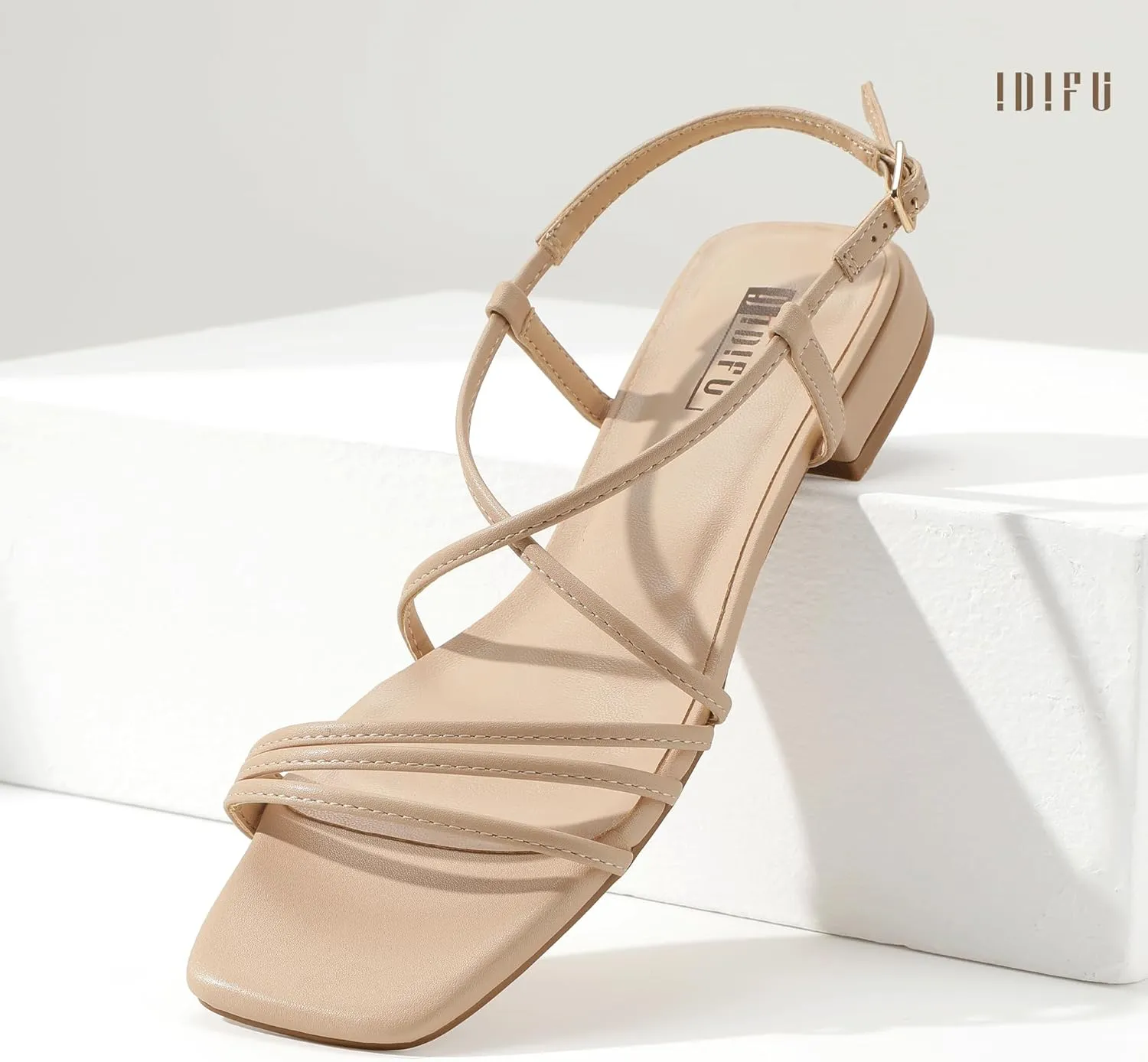 IDIFU Strappy Flat Sandals for Women Dressy Comfortable Square Open Toe Summer Beach Sandal Wedding Bridal Bride Prom Ladies Dress Sandal Fashion Cute Fancy Casual Ankle Strap Sandals