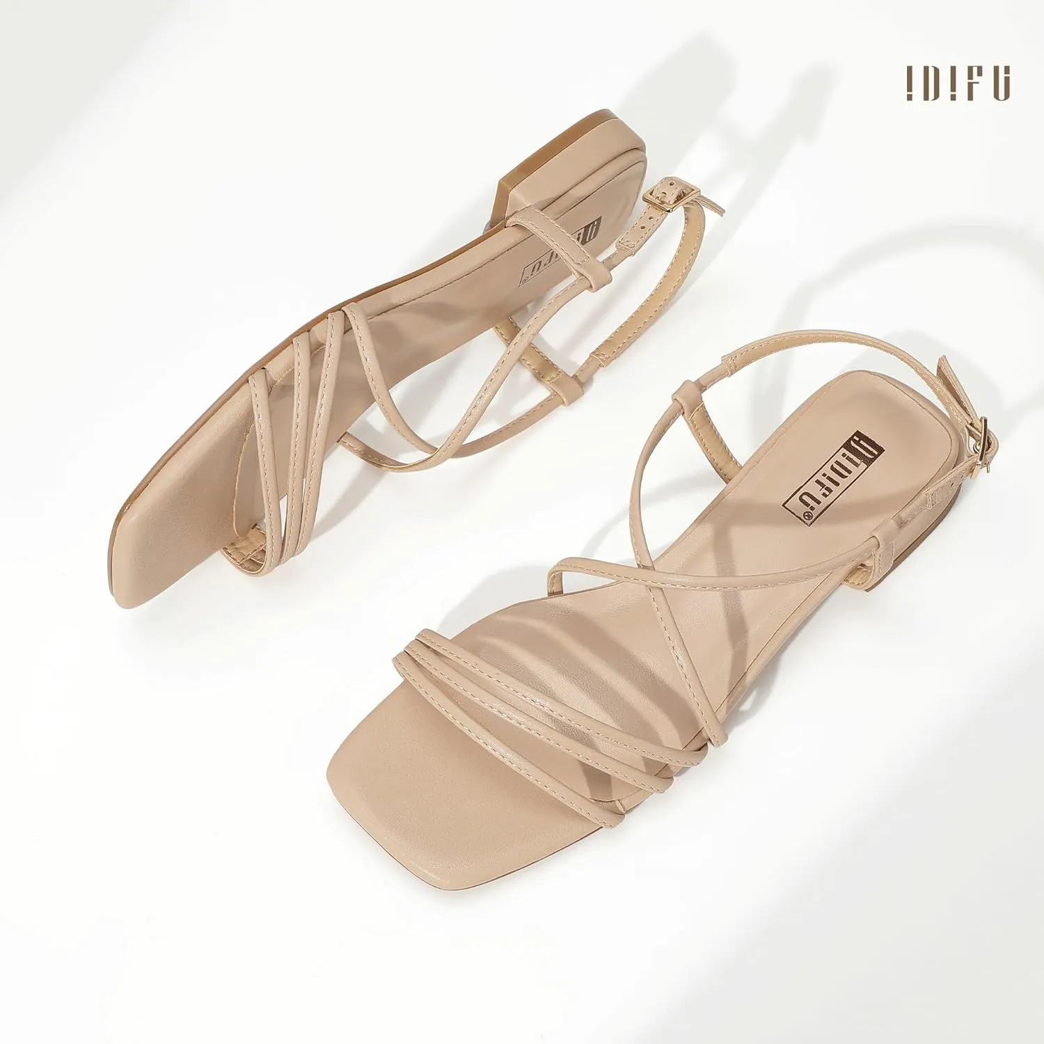 IDIFU Strappy Flat Sandals for Women Dressy Comfortable Square Open Toe Summer Beach Sandal Wedding Bridal Bride Prom Ladies Dress Sandal Fashion Cute Fancy Casual Ankle Strap Sandals
