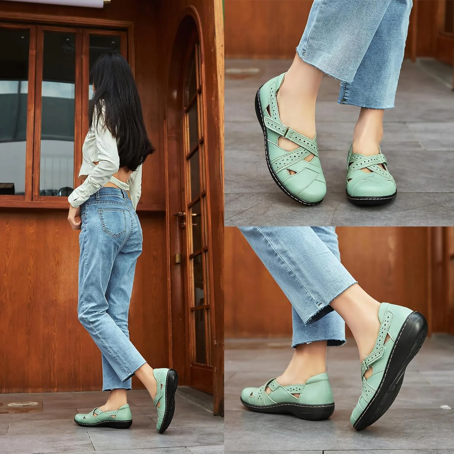 Irrefour Women's Classic Genuine Leather Casual Loafer Cute Slip-On Fashion Closed Toe Flat Sandal Comfy Work Sandal Everyday Walking Shoe