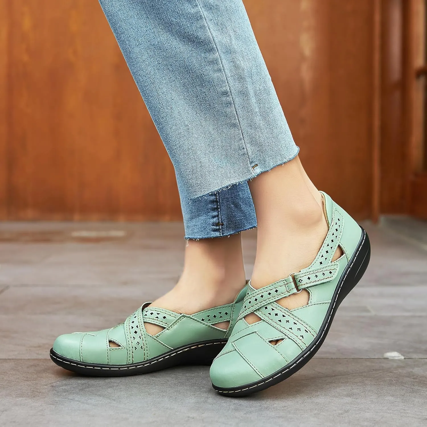Irrefour Women's Classic Genuine Leather Casual Loafer Cute Slip-On Fashion Closed Toe Flat Sandal Comfy Work Sandal Everyday Walking Shoe