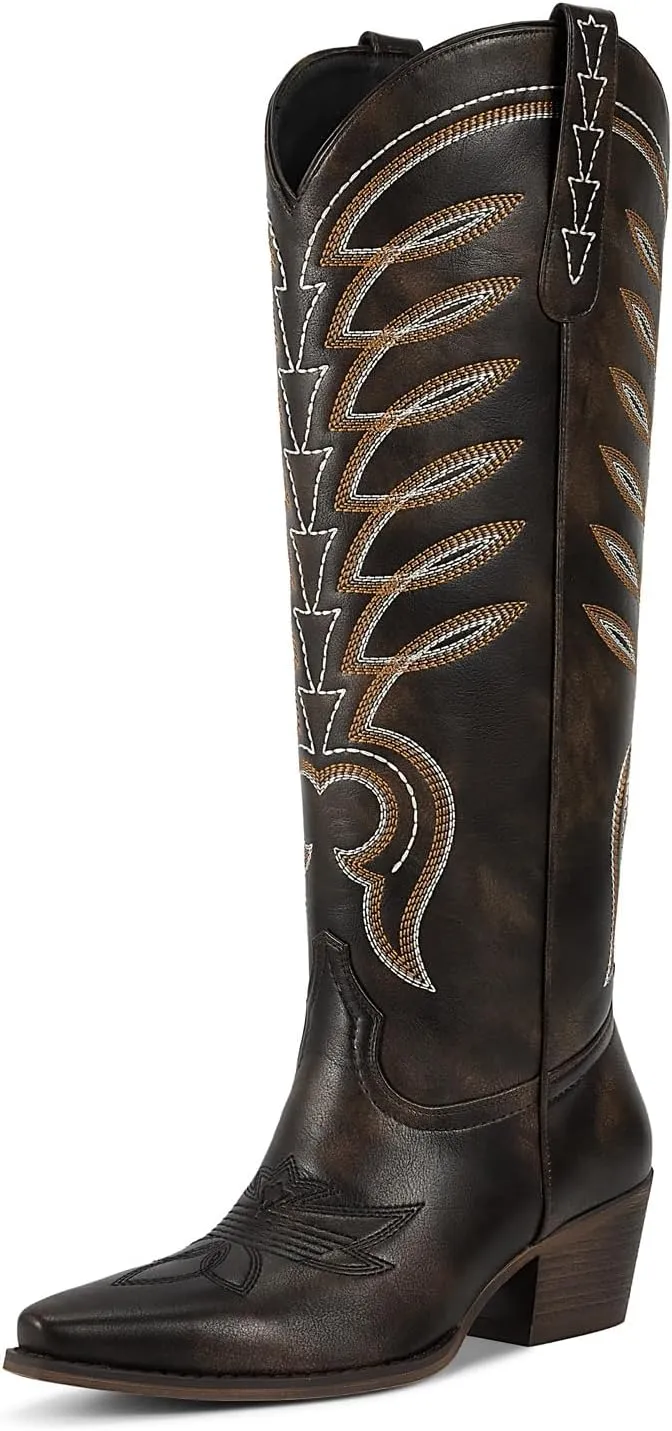 ISNOM Cowboy Boots for Women Knee High Cowgirl Western Boots Womens Embroidered Tall Cowboy Boot Comfort Fashion Long Boot