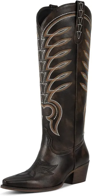 ISNOM Cowboy Boots for Women Knee High Cowgirl Western Boots Womens Embroidered Tall Cowboy Boot Comfort Fashion Long Boot