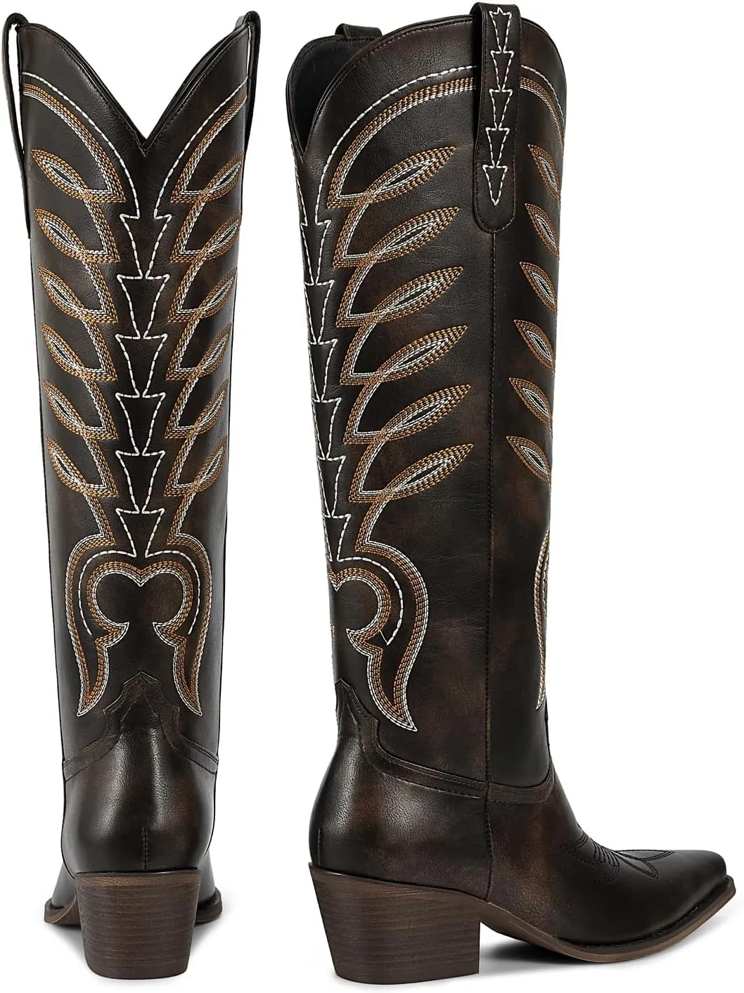 ISNOM Cowboy Boots for Women Knee High Cowgirl Western Boots Womens Embroidered Tall Cowboy Boot Comfort Fashion Long Boot