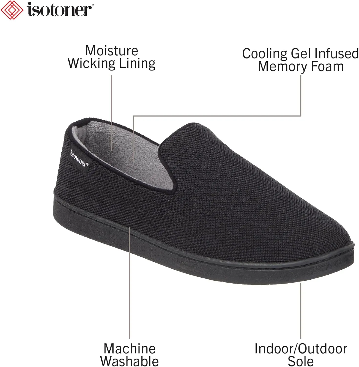 isotoner Men's Diamond Corduroy Slippers-Gel Memory Foam Moccasin, Washable, Moisture-Wicking Lining