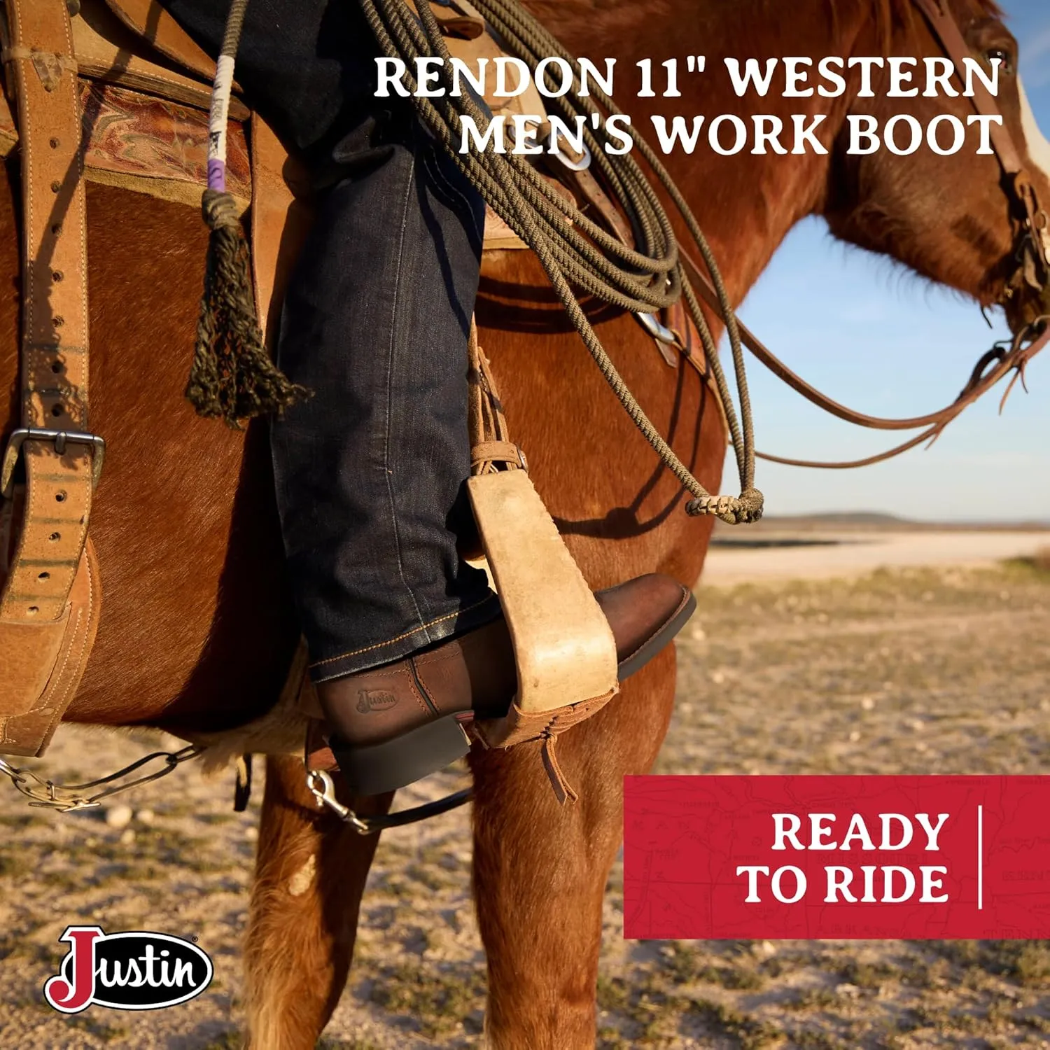 Justin Rendon 11" Western Boot - Men's Round Toe, Cowhide, Removable Orthotic Insole, Slip-Resistant Rubber Outsole