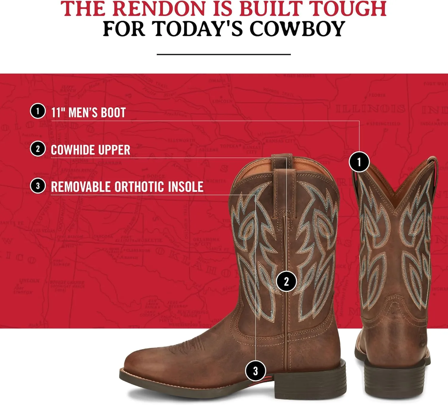 Justin Rendon 11" Western Boot - Men's Round Toe, Cowhide, Removable Orthotic Insole, Slip-Resistant Rubber Outsole