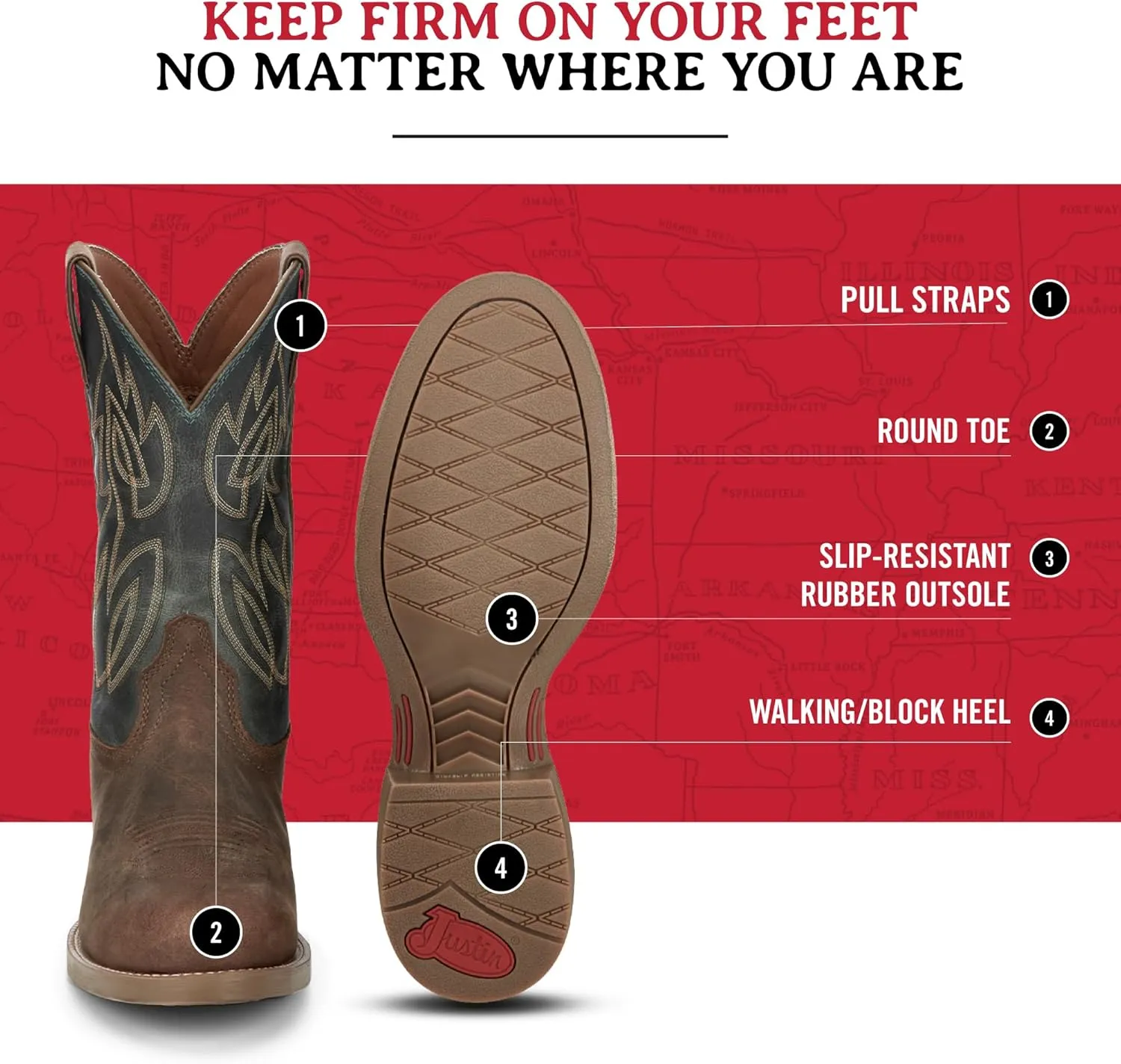 Justin Rendon 11" Western Boot - Men's Round Toe, Cowhide, Removable Orthotic Insole, Slip-Resistant Rubber Outsole