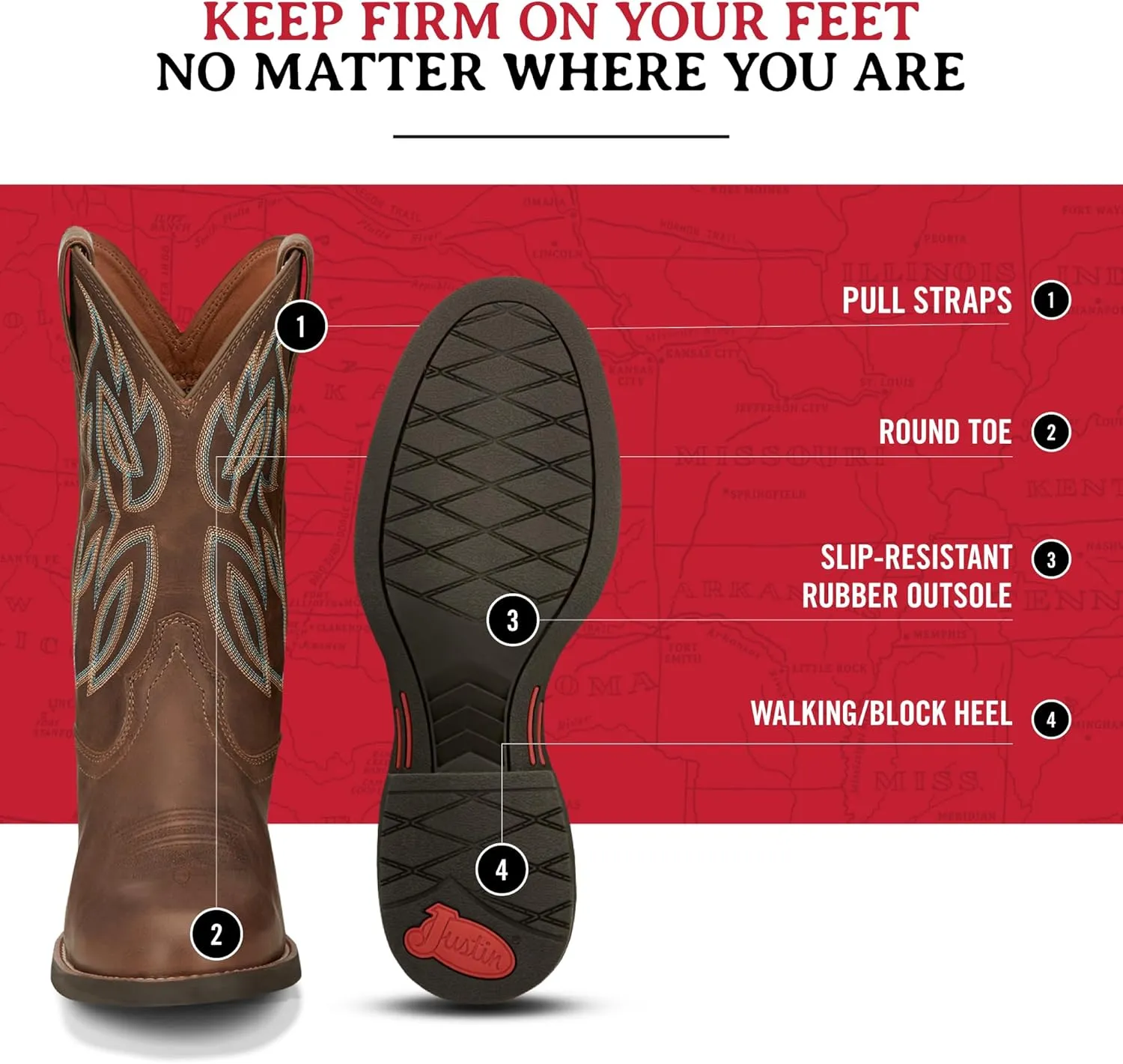Justin Rendon 11" Western Boot - Men's Round Toe, Cowhide, Removable Orthotic Insole, Slip-Resistant Rubber Outsole