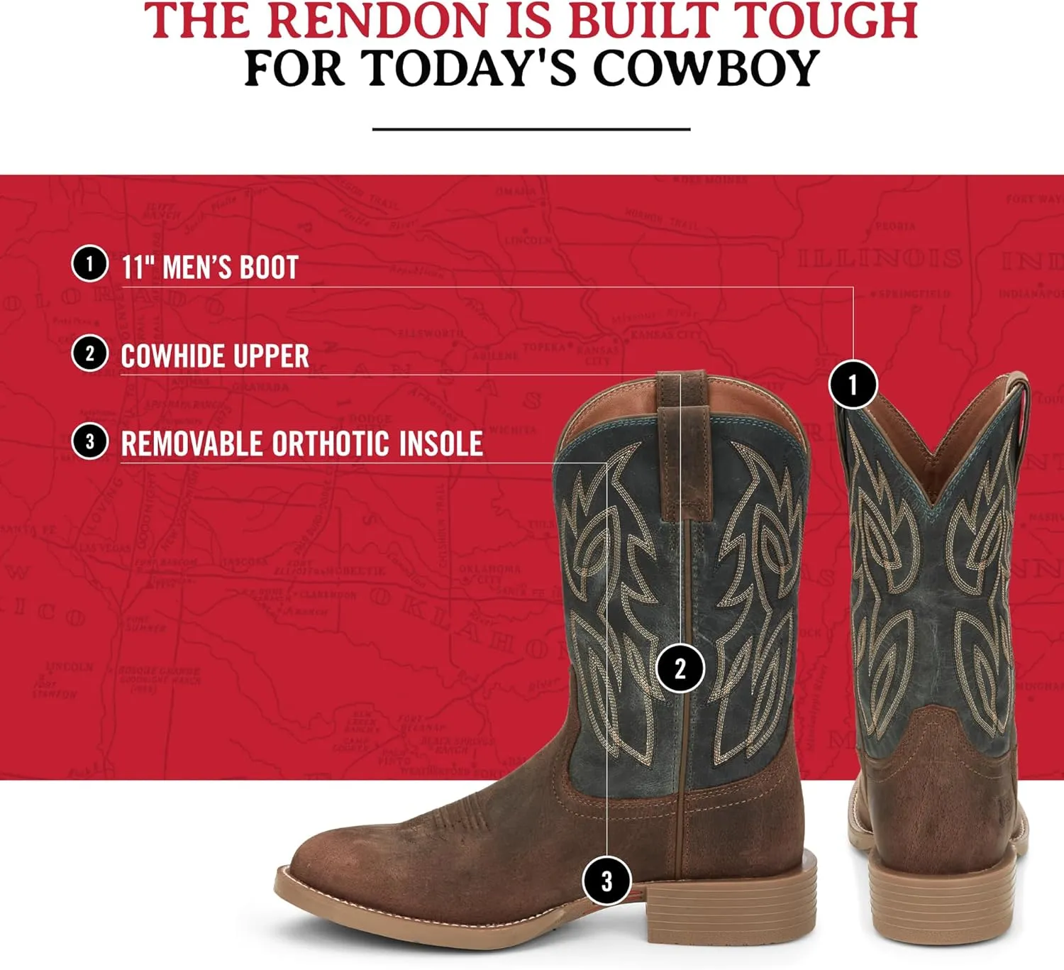 Justin Rendon 11" Western Boot - Men's Round Toe, Cowhide, Removable Orthotic Insole, Slip-Resistant Rubber Outsole