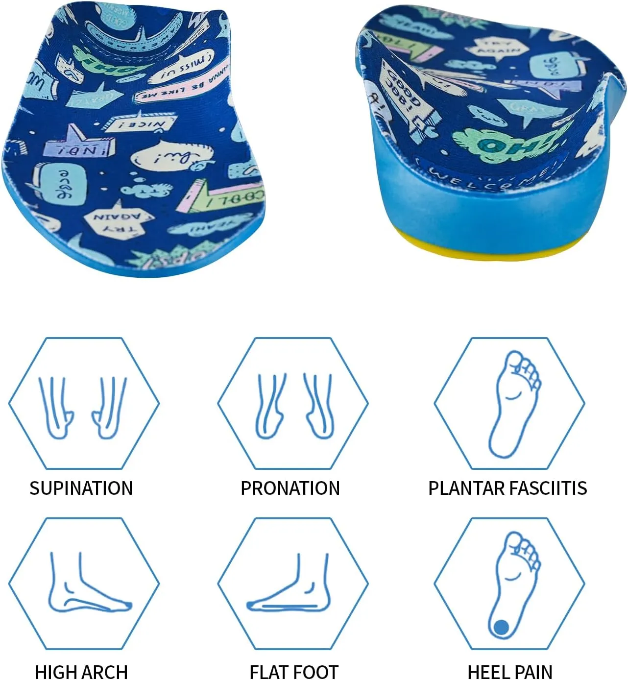 Kids Insoles for Over-Pronation Soft PU Foam Orthotics Relieve Plantar Fasciitis Flat Foot Child Inserts Gel Heel Cushion (Multicolor, 3-7M Toddler)