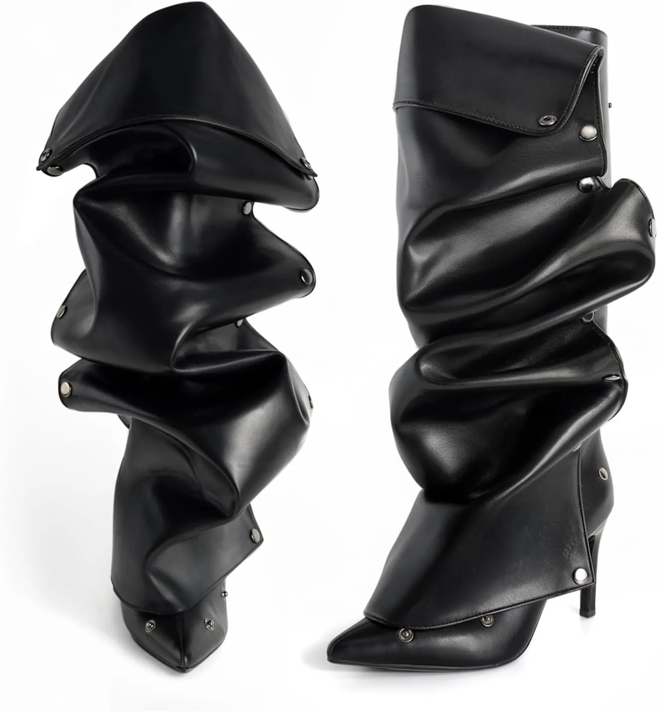 Knee High Boots for Women Stiletto Heel Shark Booties Pointed Toe Slouchy Boot Thigh High Boots with Detachable Snap-off Panel Back Zipper