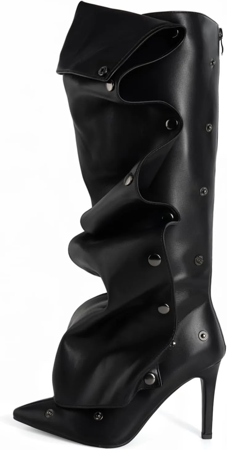 Knee High Boots for Women Stiletto Heel Shark Booties Pointed Toe Slouchy Boot Thigh High Boots with Detachable Snap-off Panel Back Zipper