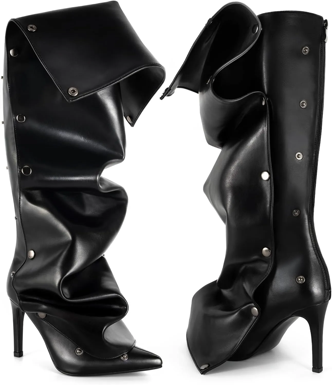 Knee High Boots for Women Stiletto Heel Shark Booties Pointed Toe Slouchy Boot Thigh High Boots with Detachable Snap-off Panel Back Zipper