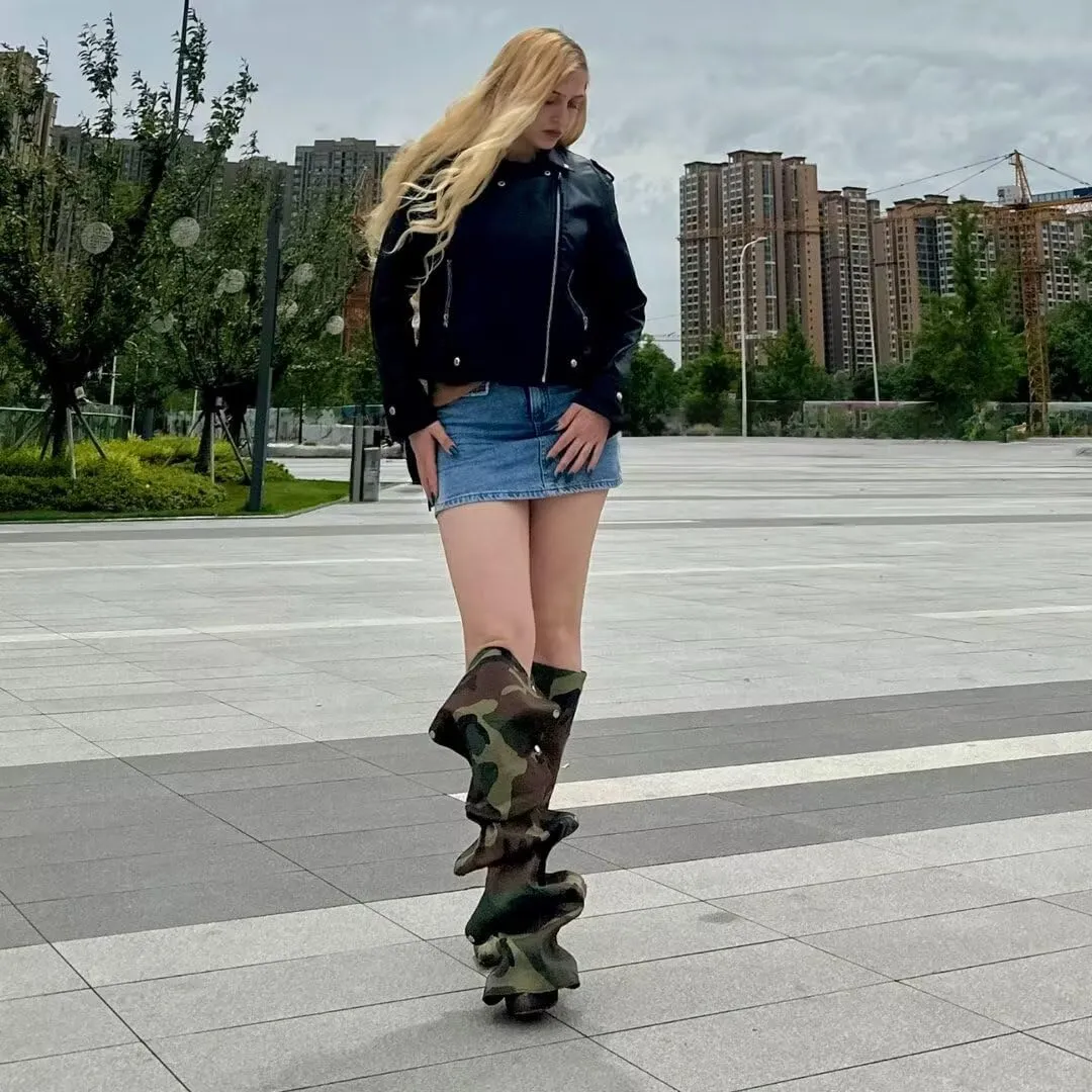 Knee High Boots for Women Stiletto Heel Shark Booties Pointed Toe Slouchy Boot Thigh High Boots with Detachable Snap-off Panel Back Zipper