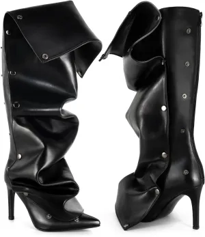 Knee High Boots for Women Stiletto Heel Shark Booties Pointed Toe Slouchy Boot Thigh High Boots with Detachable Snap-off Panel Back Zipper