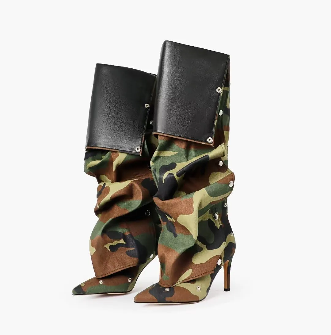 Knee High Boots for Women Stiletto Heel Shark Booties Pointed Toe Slouchy Boot Thigh High Boots with Detachable Snap-off Panel Back Zipper
