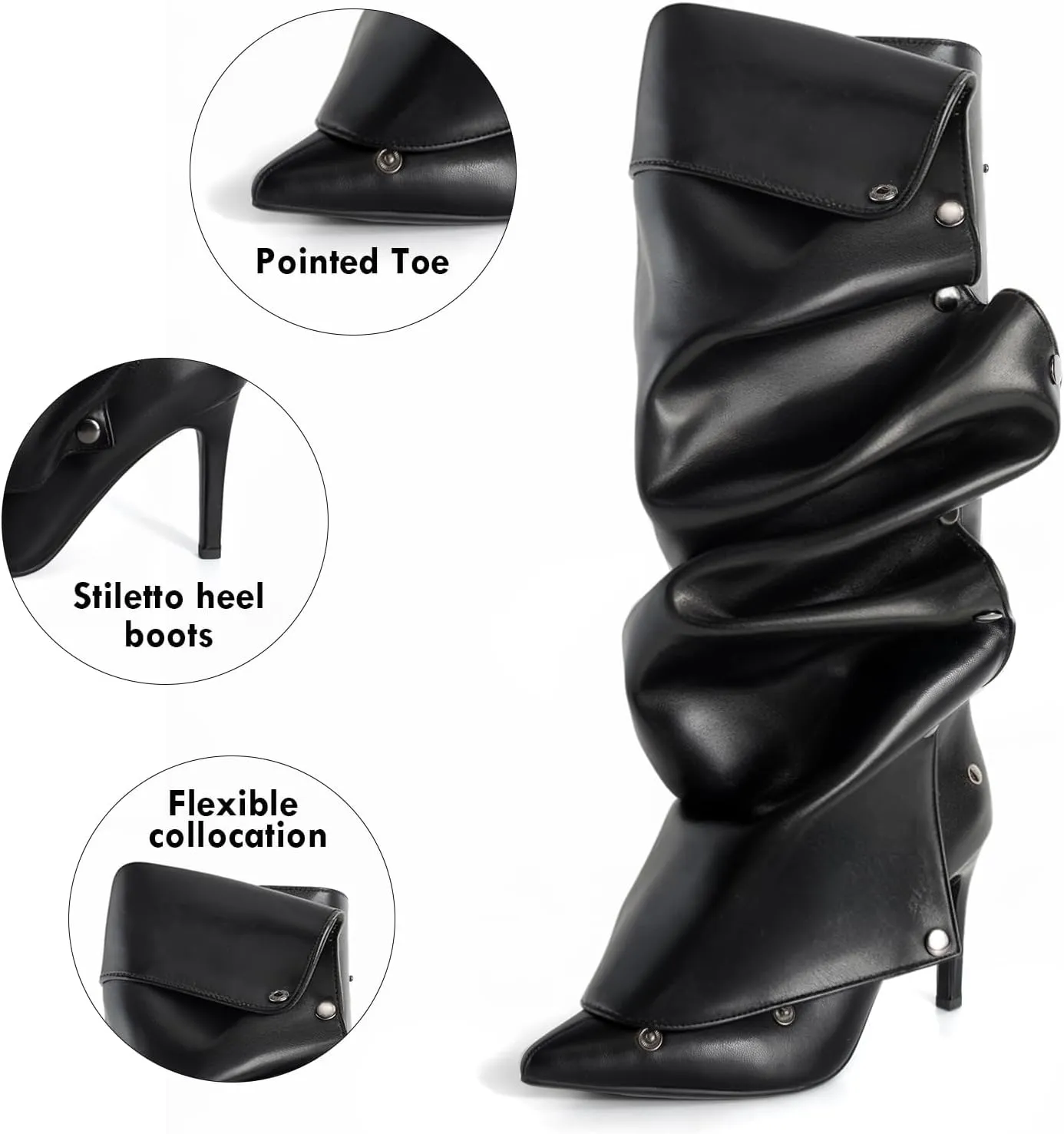 Knee High Boots for Women Stiletto Heel Shark Booties Pointed Toe Slouchy Boot Thigh High Boots with Detachable Snap-off Panel Back Zipper