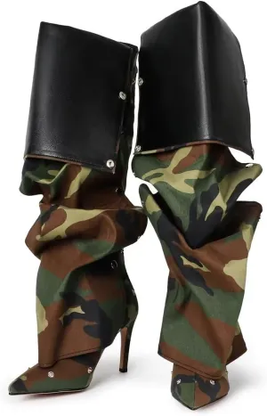 Knee High Boots for Women Stiletto Heel Shark Booties Pointed Toe Slouchy Boot Thigh High Boots with Detachable Snap-off Panel Back Zipper