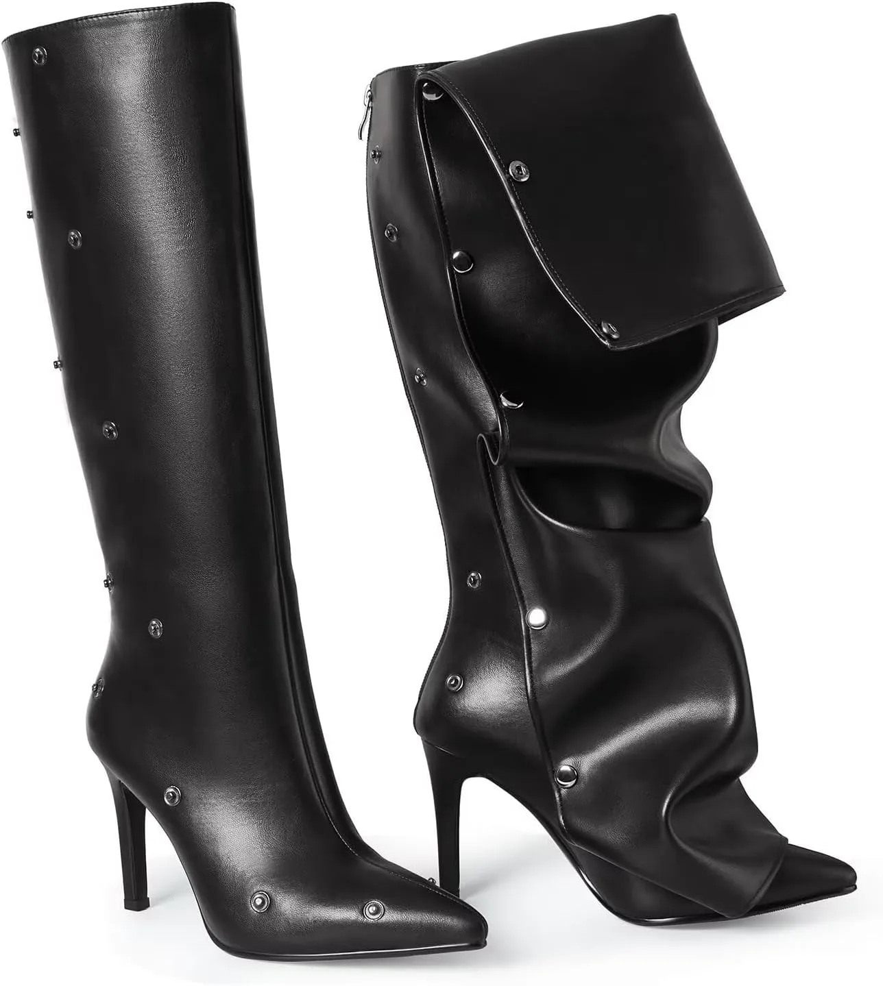 Knee High Boots for Women Stiletto Heel Shark Booties Pointed Toe Slouchy Boot Thigh High Boots with Detachable Snap-off Panel Back Zipper