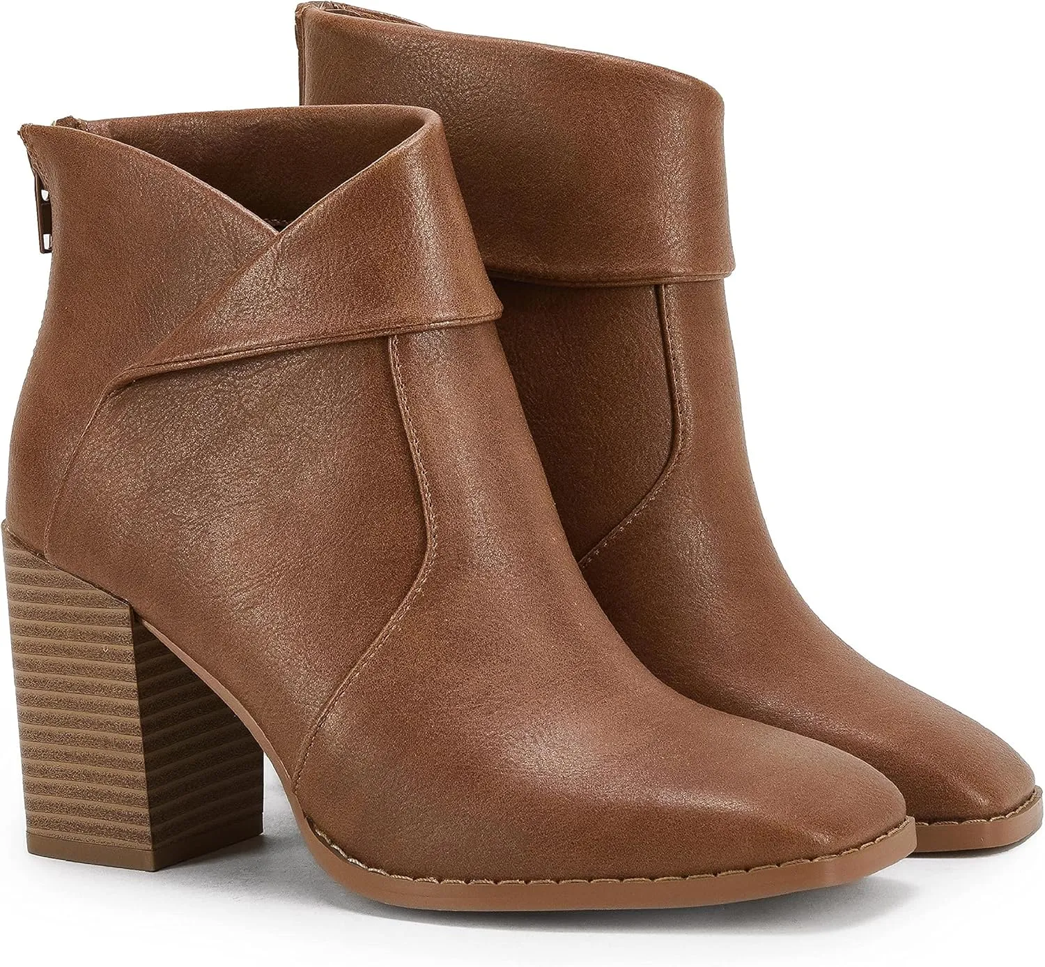LAICIGO Women's Square Toe Ankle Boots High Chunky Stacked Heel Slip On Criss Cross Zipper Booties