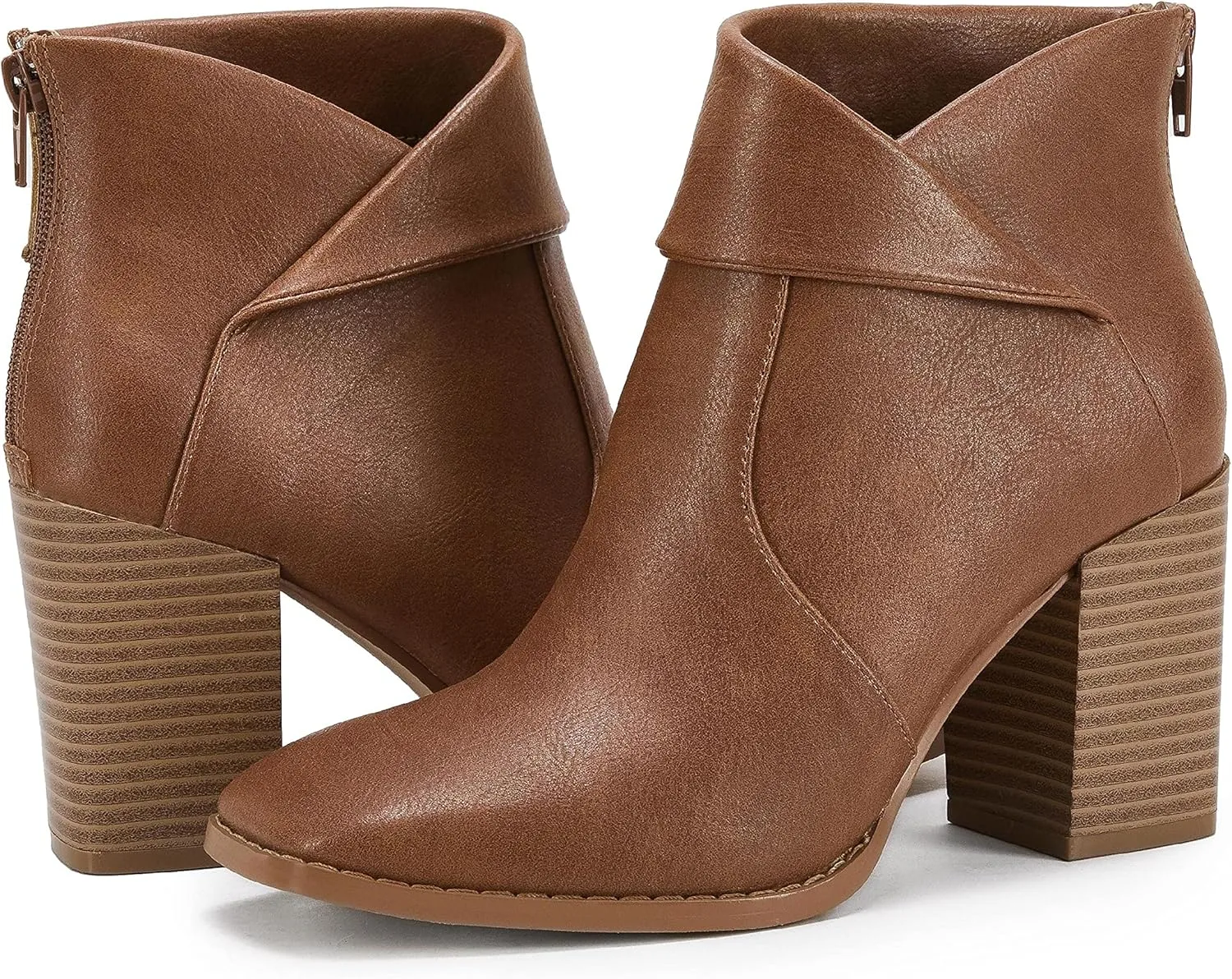 LAICIGO Women's Square Toe Ankle Boots High Chunky Stacked Heel Slip On Criss Cross Zipper Booties