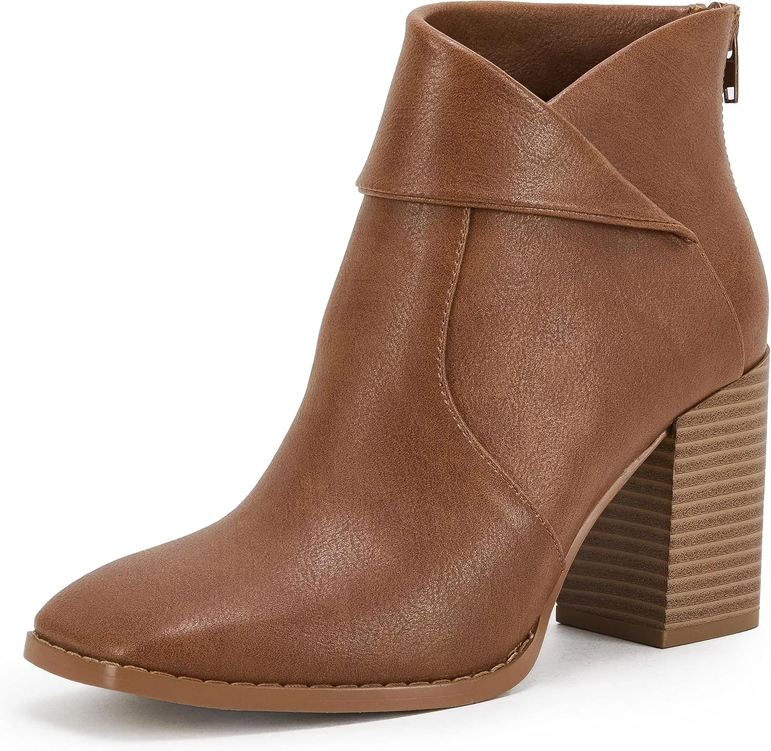 LAICIGO Women's Square Toe Ankle Boots High Chunky Stacked Heel Slip On Criss Cross Zipper Booties