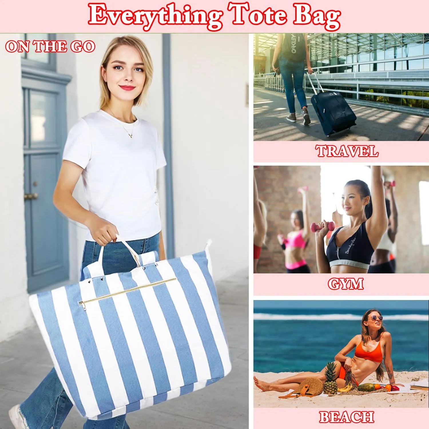 Large Beach Bag for Women, Waterproof Travel Tote Bag with Lunch/Wet Pocket for Weekender, Sandproof, Zipper Closure