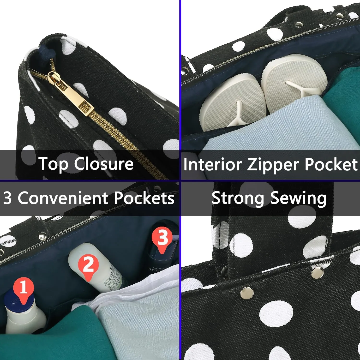 Large Beach Bag for Women, Waterproof Travel Tote Bag with Lunch/Wet Pocket for Weekender, Sandproof, Zipper Closure