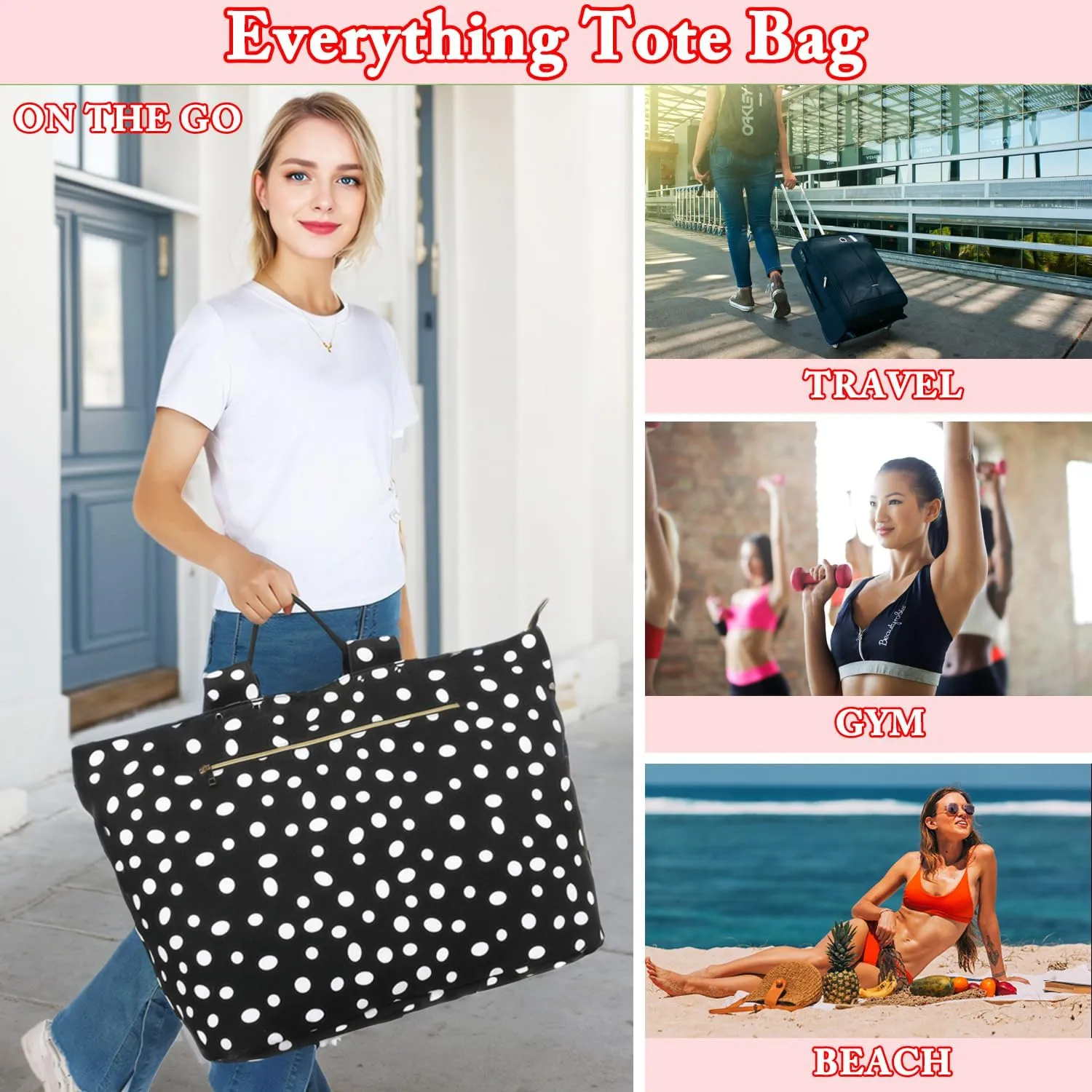 Large Beach Bag for Women, Waterproof Travel Tote Bag with Lunch/Wet Pocket for Weekender, Sandproof, Zipper Closure