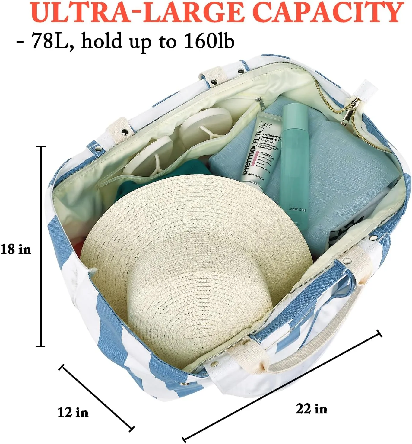 Large Beach Bag for Women, Waterproof Travel Tote Bag with Lunch/Wet Pocket for Weekender, Sandproof, Zipper Closure