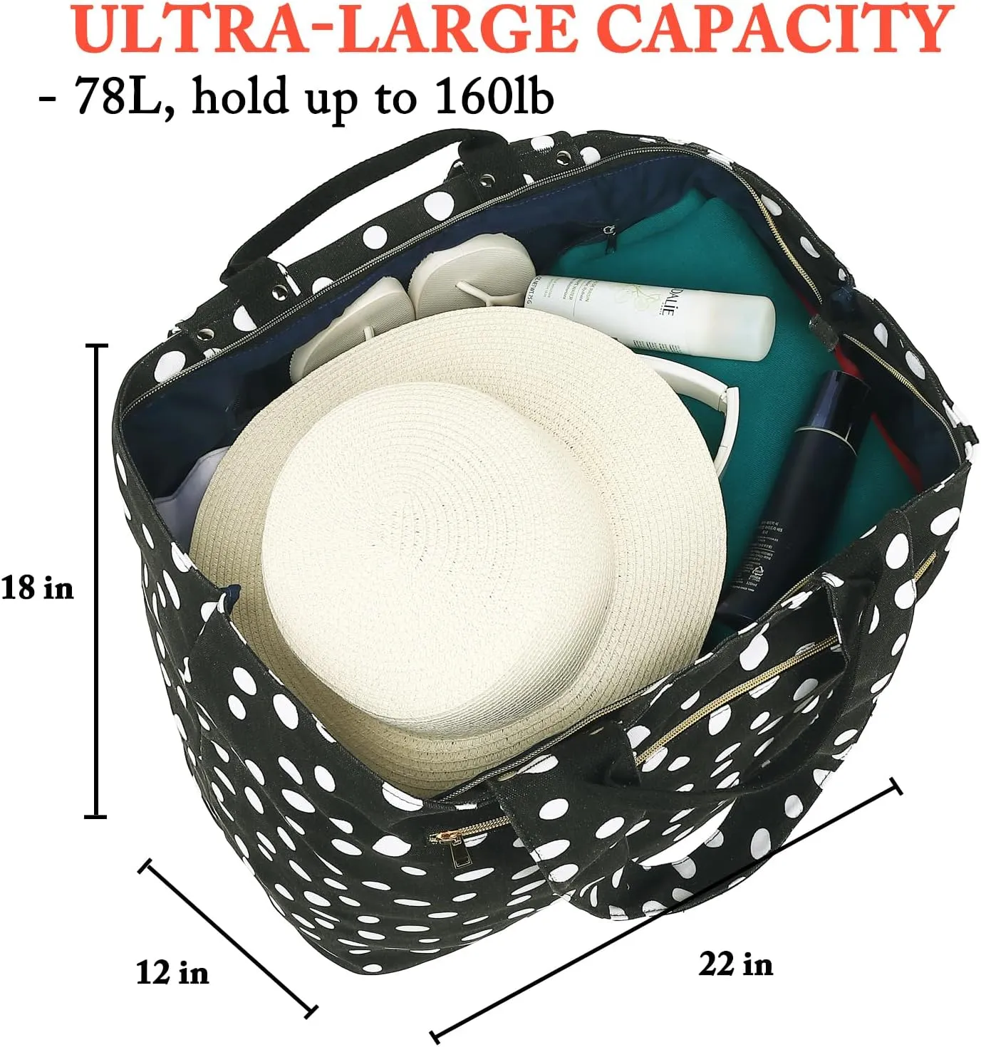 Large Beach Bag for Women, Waterproof Travel Tote Bag with Lunch/Wet Pocket for Weekender, Sandproof, Zipper Closure