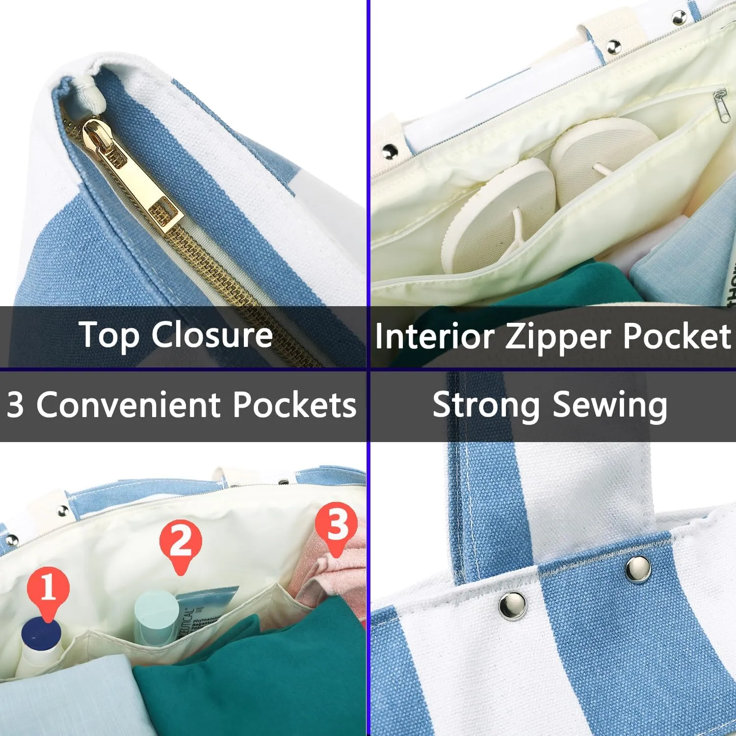 Large Beach Bag for Women, Waterproof Travel Tote Bag with Lunch/Wet Pocket for Weekender, Sandproof, Zipper Closure