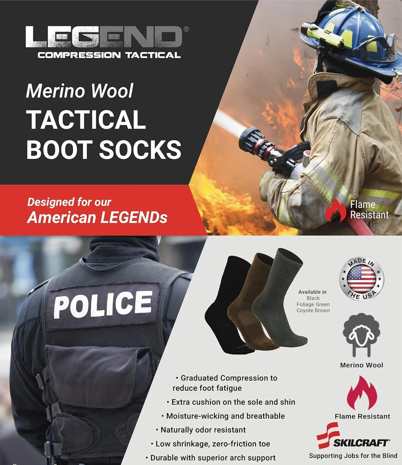 LEGEND Compression Tactical Merino Wool All-Weather Boot Socks - Mid-Calf Military for Men and Women