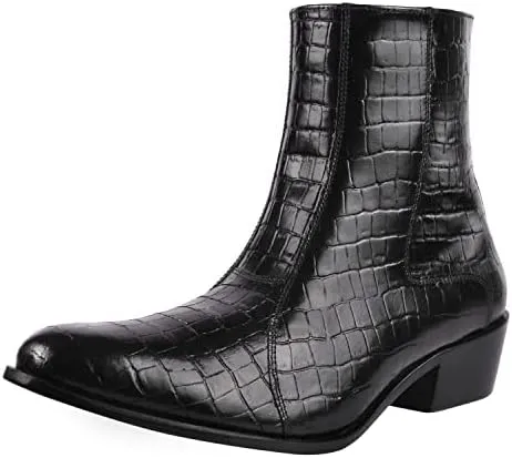 LIBERTYZENO Mens Chelsea Side Zipper Ankle Boots Snake Print Leather Retro Dress Boots